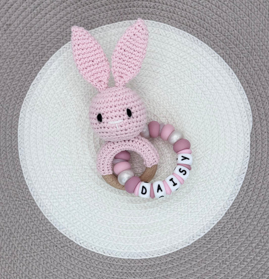 Personalised Pink Bunny Bundle•Dummy Clip•Bunny Teething Ring•Keyring