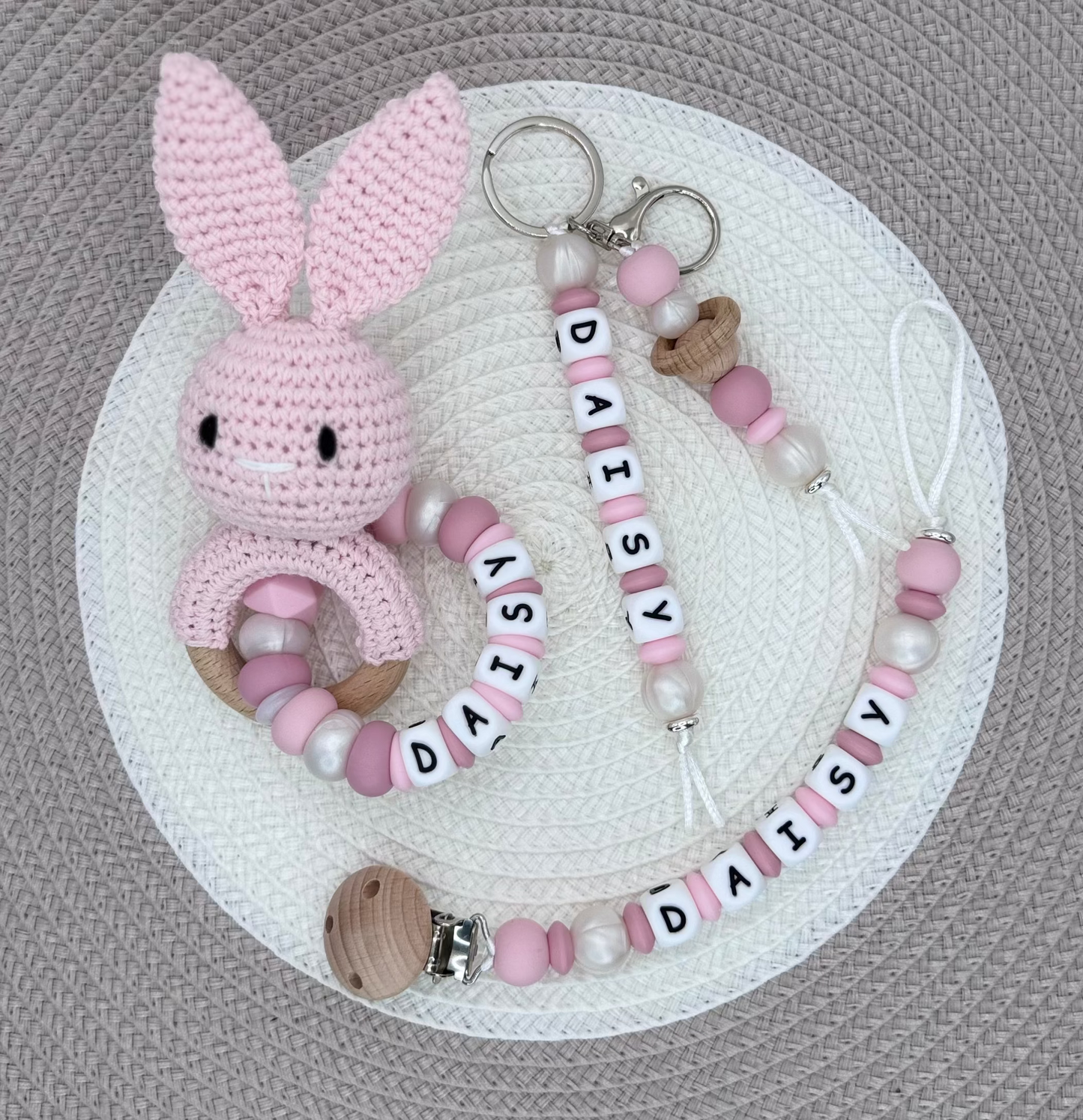 Personalised Pink Bunny Bundle•Dummy Clip•Bunny Teething Ring•Keyring